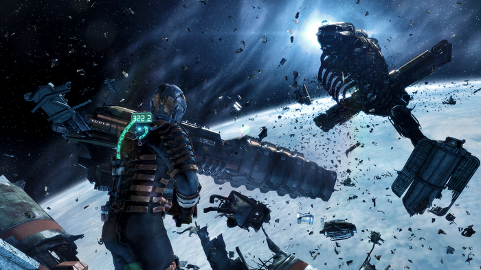 Isaac Clarke in space with damaged spaceship
