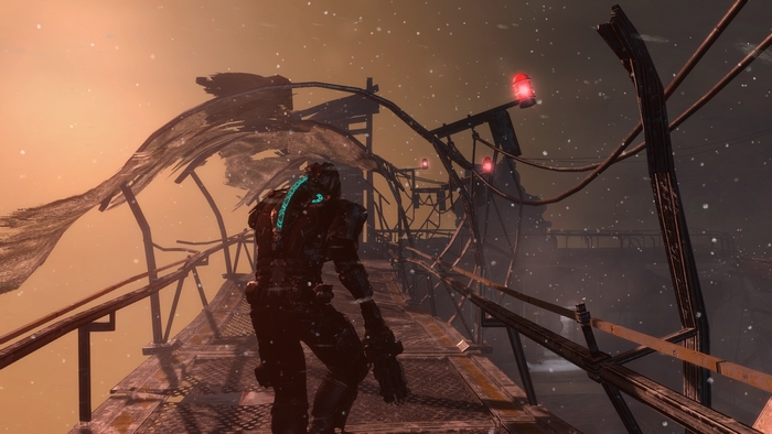 Isaac Clarke on a damaged bridge in a snowy environment