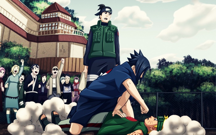 Sasuke Uchiha and Naruto Uzumaki fight in front of spectators