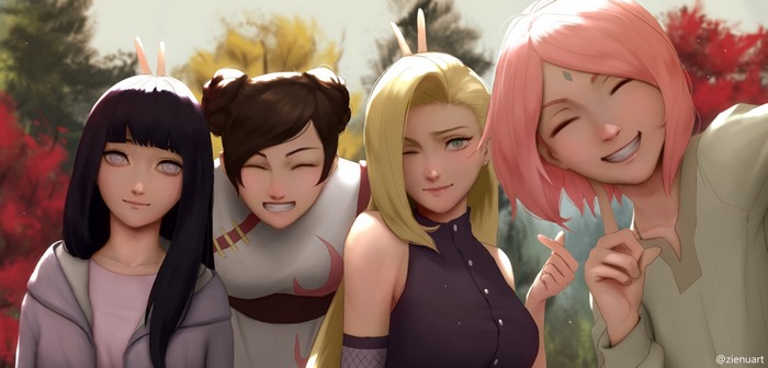 Ino Yamanaka and Three Girls Smiling in Autumn
