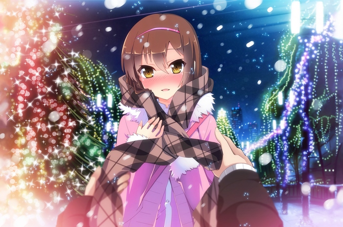 Girl in winter clothes with Christmas lights