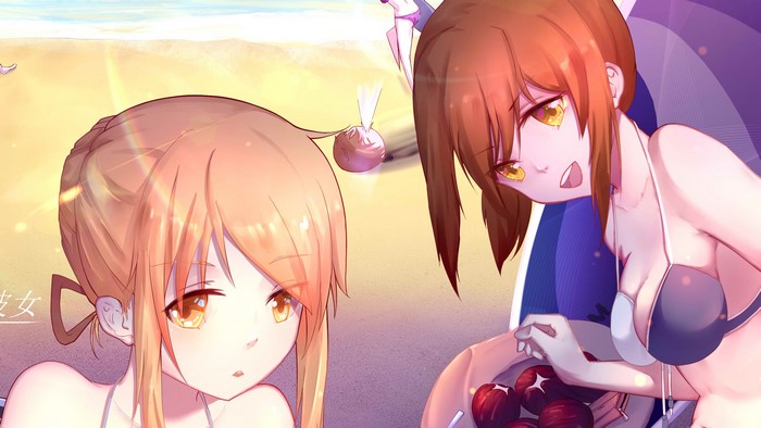 Two girls in bikinis on a beach