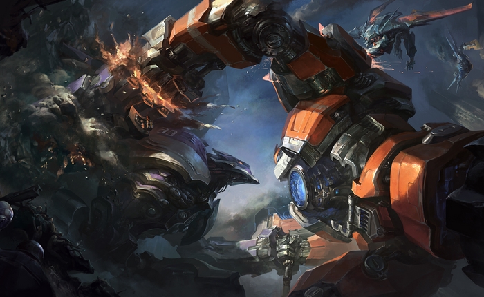 KhaZix from League of Legends fighting mechs