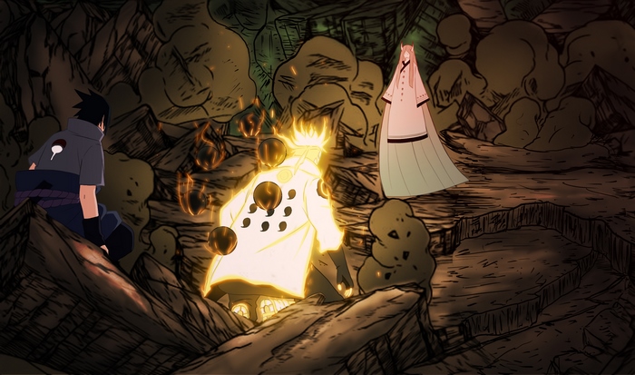 Naruto, Sasuke, and Kaguya Ōtsutsuki in a cave