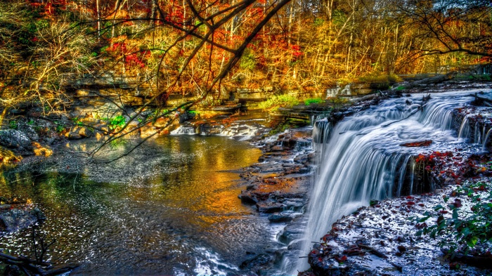 Waterfall in a colorful autumn forest