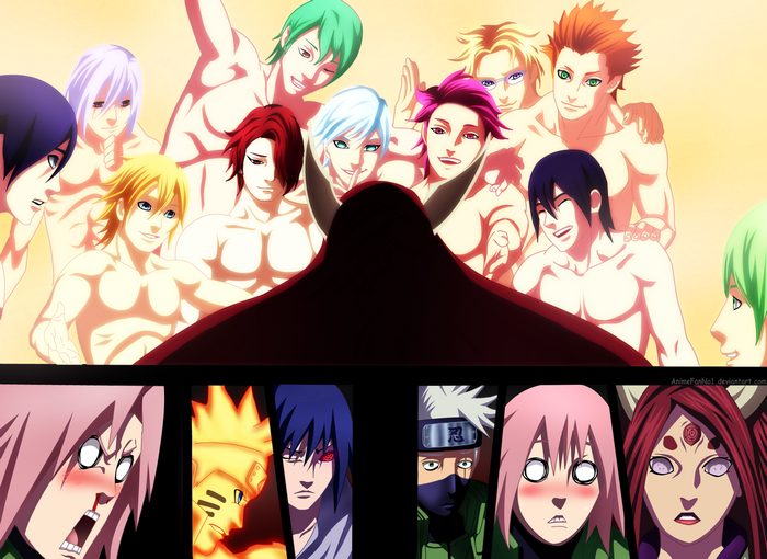 Group of shirtless men and Kaguya Ōtsutsuki from Naruto