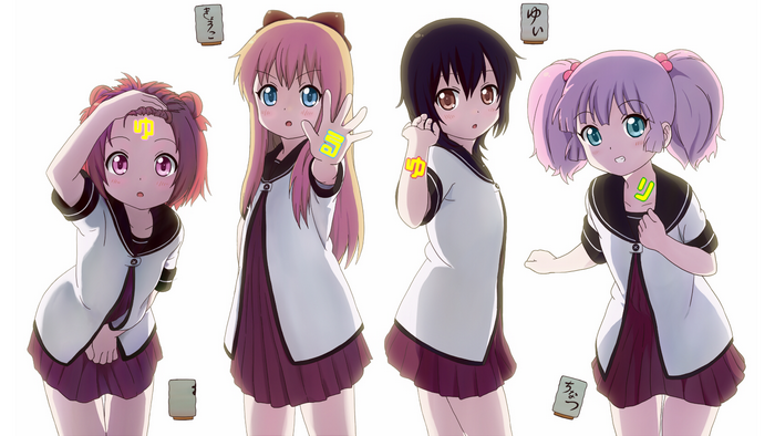 Four anime girls with Japanese characters on them