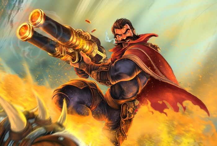 Graves from League of Legends firing dual pistols