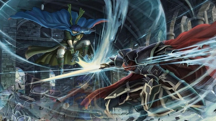 Ike from Fire Emblem fighting armored knights
