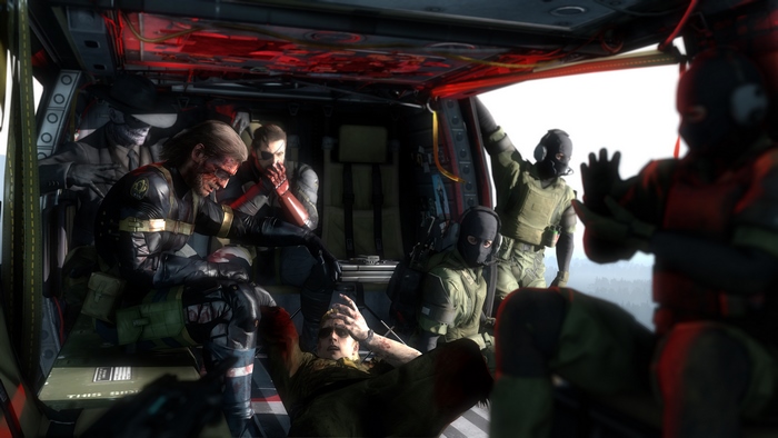 Big Boss and soldiers in a helicopter
