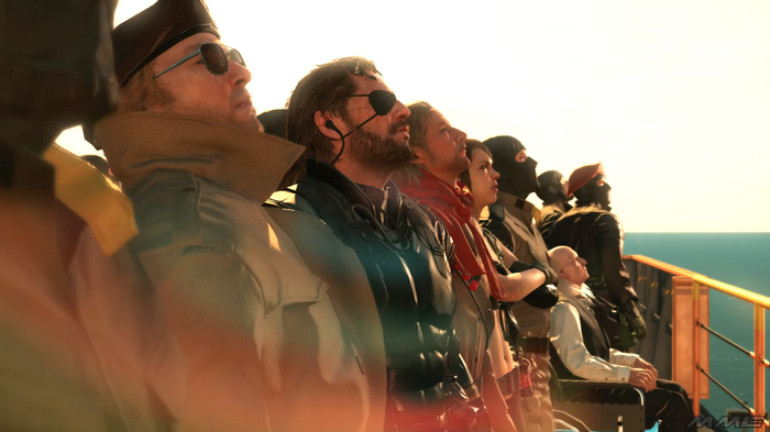 Big Boss and soldiers on a ship deck