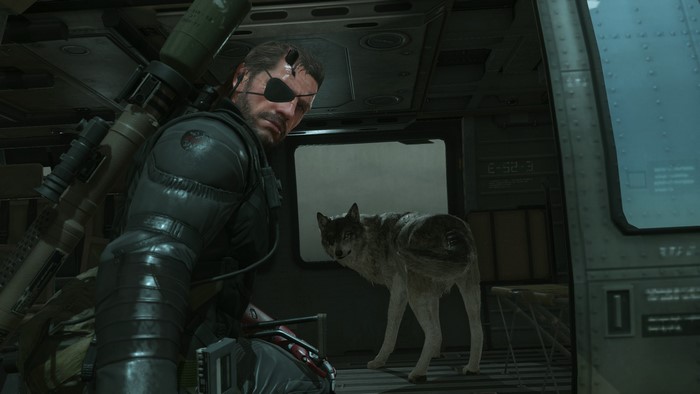 Big Boss with wolf in helicopter from Metal Gear Solid