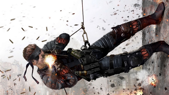 Big Boss from Metal Gear Solid rappelling and shooting