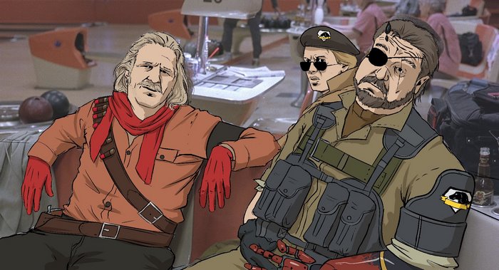 The Boss and Ocelot from Metal Gear Solid in a bowling alley