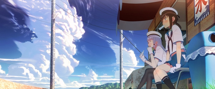 Two girls in sailor uniforms sitting outside