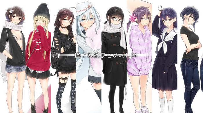 Group of anime girls in casual and school outfits