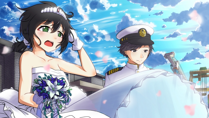 Fubuki from Kancolle in a wedding dress with a groom