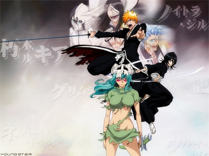 Bleach characters Ichigo, Rukia, Grimmjow, Nnoitra, and Tier