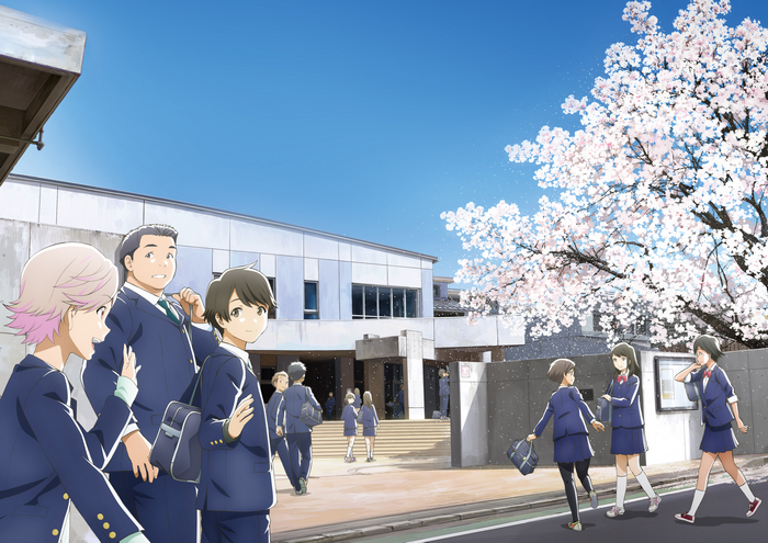 Students and teacher outside school building with cherry blossoms