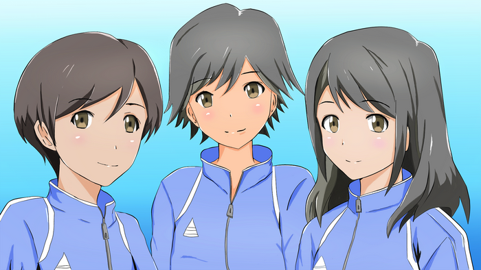 Three anime characters in blue tracksuits