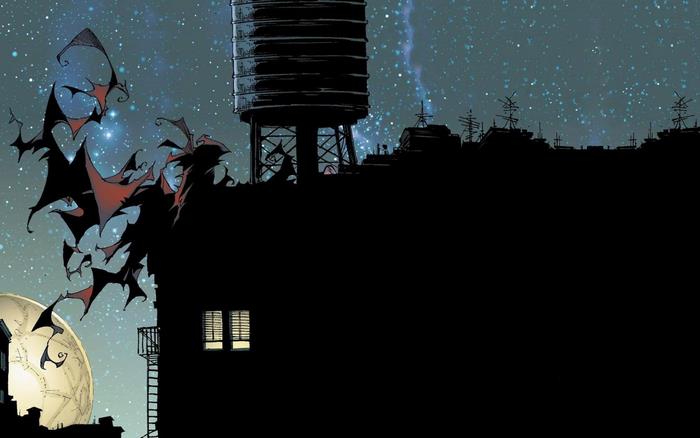 Spawn bats over city skyline at night