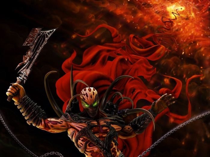 Spawn with a sword and red cape