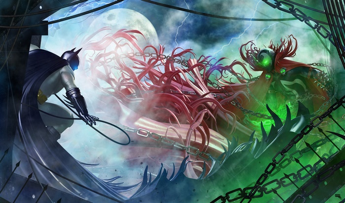 Batman and Spawn fighting with chains