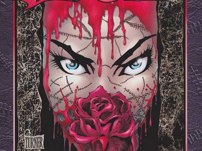 Spawn comic book cover with stitched face and rose