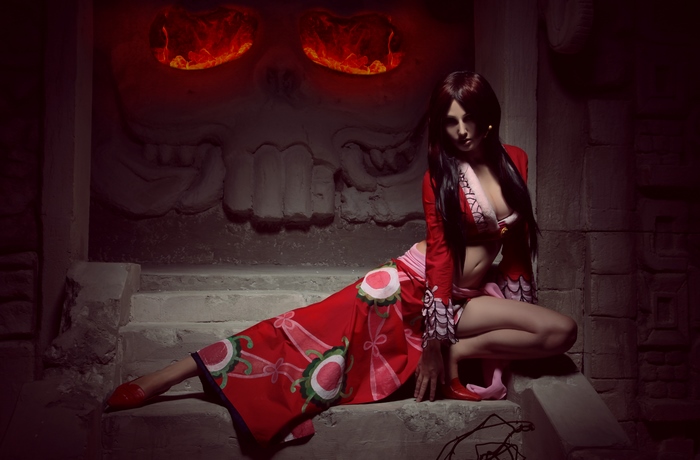 Boa Hancock in Red Dress with Fiery Background