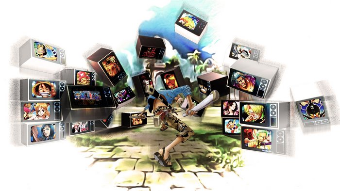 Boa Hancock from One Piece surrounded by televisions