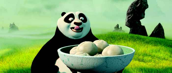 Po from Kung Fu Panda holding a bowl of dumplings