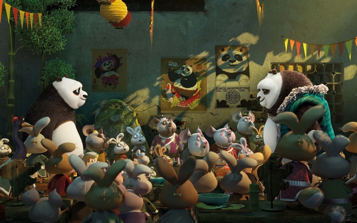 Po from Kung Fu Panda with rabbits and pigs