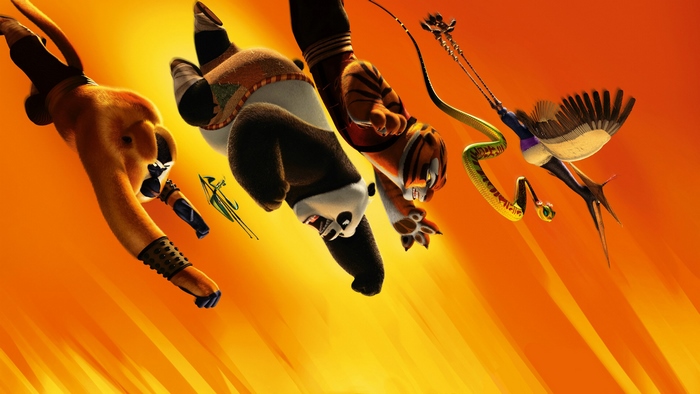 Po and the Furious Five from Kung Fu Panda falling