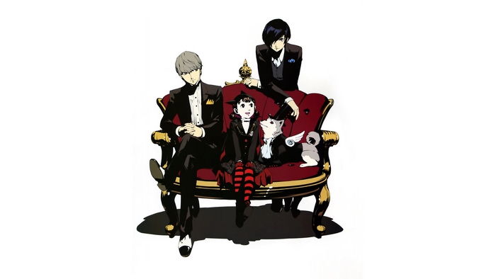 Persona 3 characters on a red couch