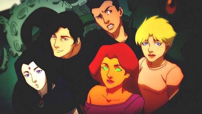 Young Justice characters Raven, Starfire, Robin, Kid Flash, and Blue Beetle