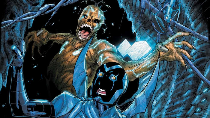 Blue Beetle fighting a zombie-like creature