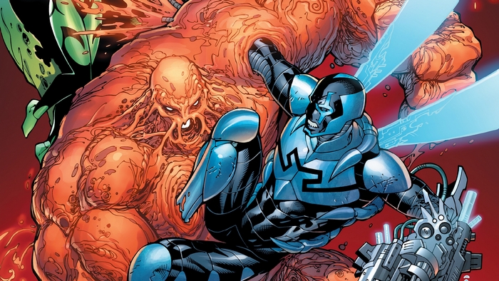 Blue Beetle fighting a monstrous creature