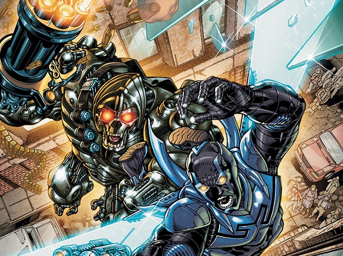 Blue Beetle fighting a robot with a Gatling gun