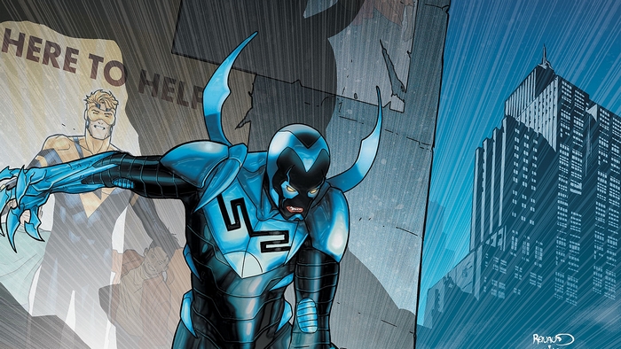 Blue Beetle and Booster Gold in front of a skyscraper