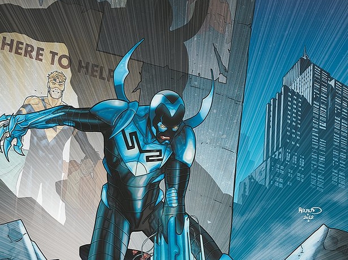 Blue Beetle and Booster Gold in a City