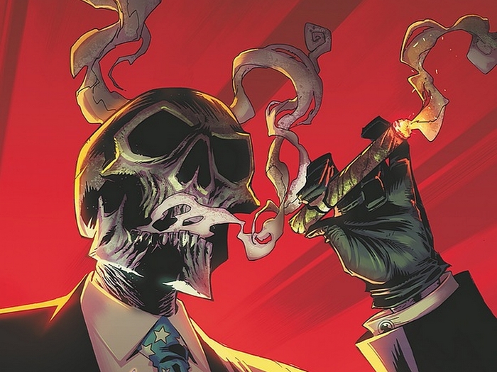 Skull in a suit smoking a cigar