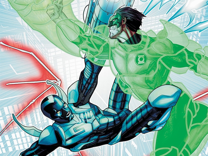 Blue Beetle and Green Lantern fighting