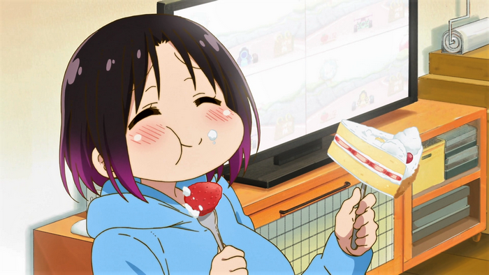 Elma Enjoying Strawberry Cake in Cozy Room