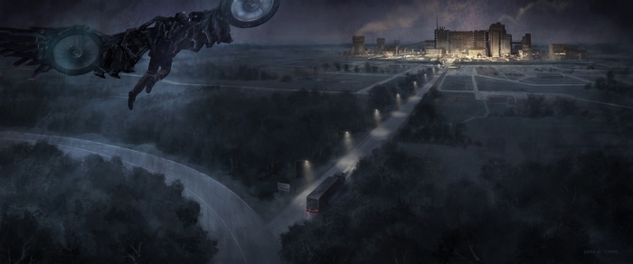 Vulture from Marvel Comics flying over a dark landscape