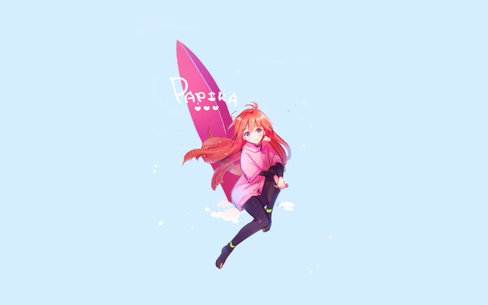 Papika from Flip Flappers with a surfboard