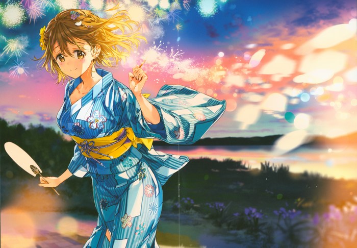 Yoshino Koiwai in Yukata with Fireworks