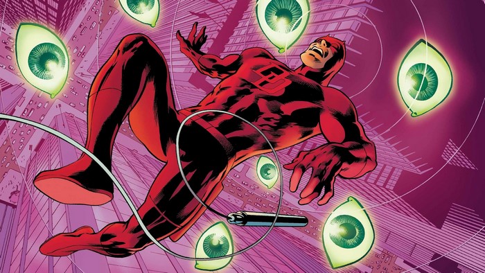 Daredevil falling surrounded by glowing eyes