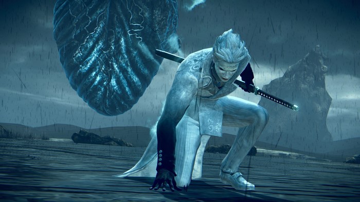 Vergil from Devil May Cry with a large blue object