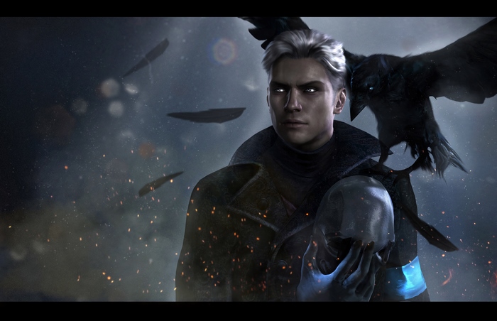 Vergil from Devil May Cry holding a skull with a crow