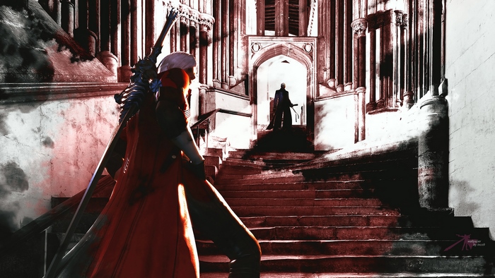 Vergil from Devil May Cry standing on stairs